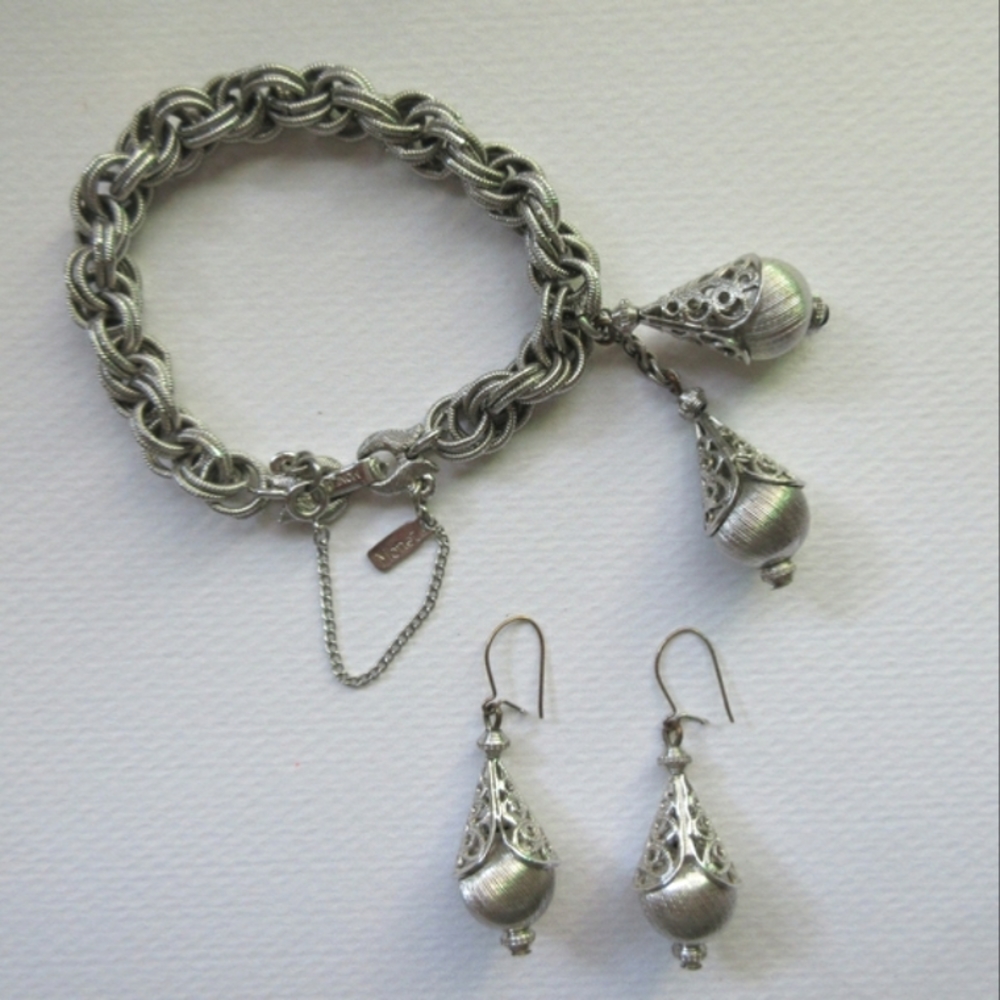 Vintage Silver Monet Bolero Bracelet & Earrings Set Dangle Jewelry Book Piece